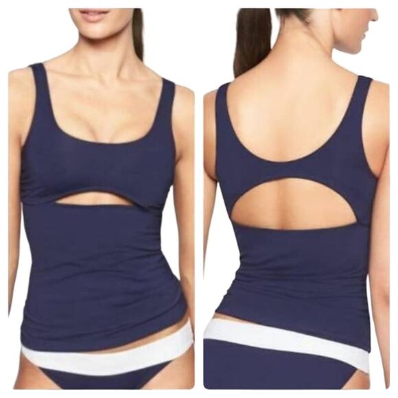 NWT Athleta Mod Block Cutout Tankini Top Scoop Neck Swimsuit Navy Blue Size XXS - Picture 1 of 16